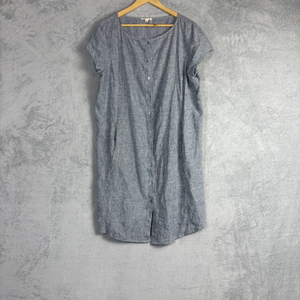 Eileen Fisher Hemp Organic Cotton Striped Button Front Shift Dress Blue White L